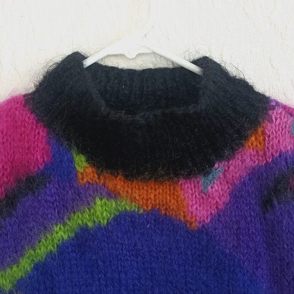 Classique Vintage Neon Mohair Super Long Sweater Retro Ski Apres 80s Purple Pink - Picture 2 of 13